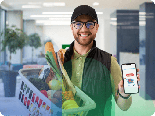 Khoroch delivery person with groceries and app